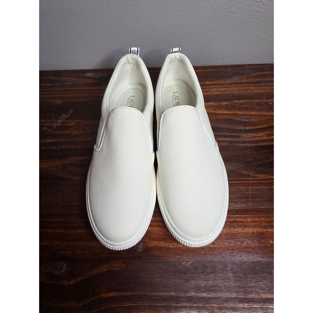 Lauren Ralph Lauren Womens Cream Canvas Slip On Sneakers Shoes Size 8.5 B